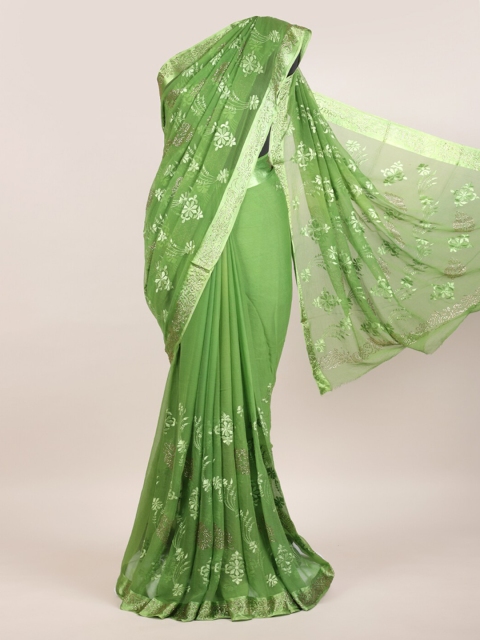 Pothys Green Ethnic Motifs Embroidered Pure Chiffon Heavy Work Saree