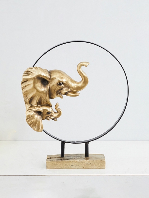 Home Centre Gold-Toned Jaguar Elephant Heads With Ring Figurine