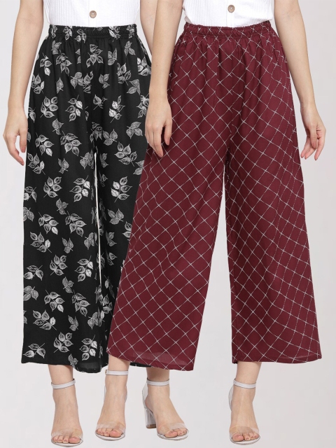 KLOTTHE Women Pack Of 2 Black & Maroon Floral Printed Palazzos