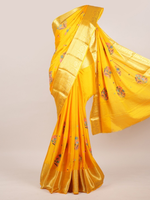 Pothys Yellow Floral Pure Chiffon Saree