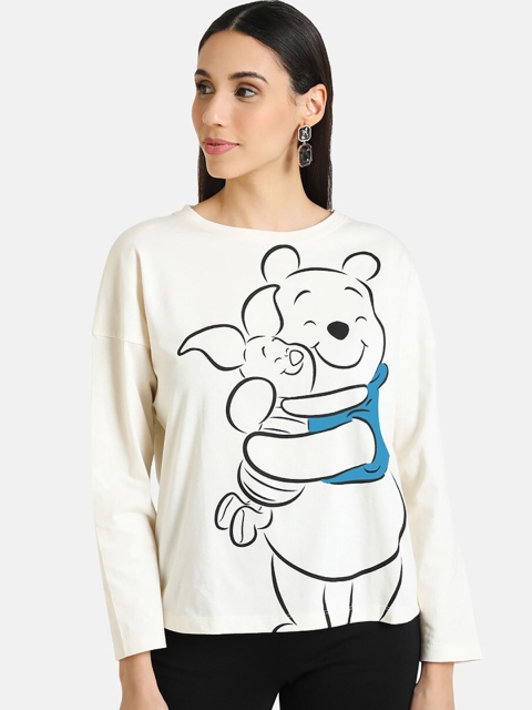 Kazo Women White Winnie The Pooh Printed Drop-Shoulder Sleeves T-shirt