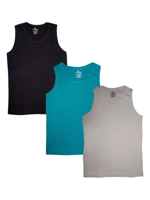 KiddoPanti Boys Black & Teal Pack of 3 Solid Cotton Rib Vest