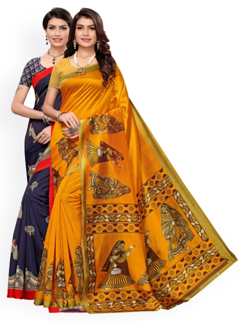 KALINI Pack Of 2 Yellow & Navy Blue Ethnic Motifs Art Silk Saree