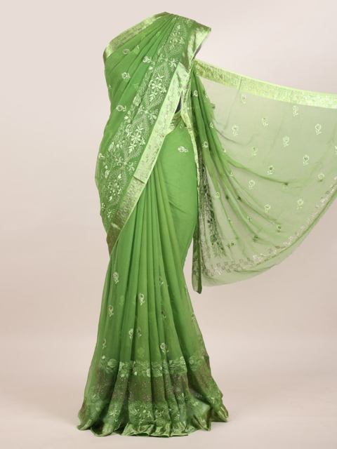 Pothys Green Ethnic Motifs Embroidered Pure Chiffon Heavy Work Saree