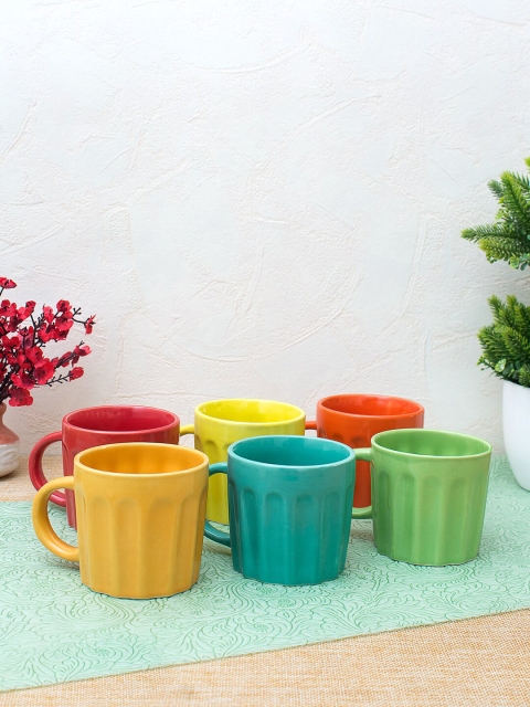 WISHTANK Set Of 6 Multicoloured Solid Ceramic Tea Cups, Multi