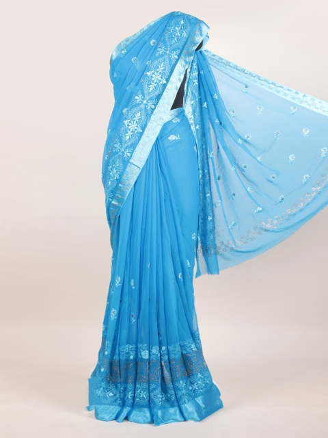 Pothys Blue Floral Pure Chiffon Saree