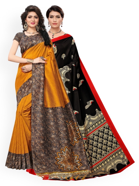 KALINI Mustard Yellow & Black Pack Of 2 Art Silk Sarees