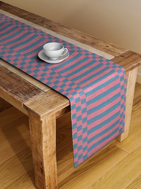 NEUDIS Pink & Blue Striped Handcrafted Pure Cotton 4 Seater Table Runner