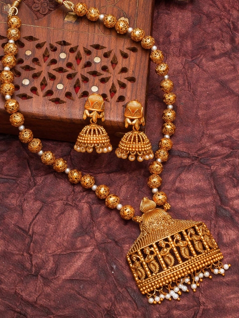 aadita Gold-Plated White Beaded Temple Jewellery Set
