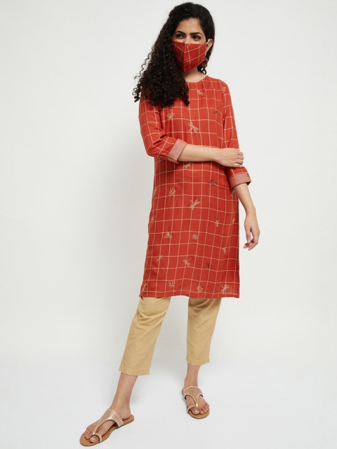 max Women Rust Checked Thread Work Kurta