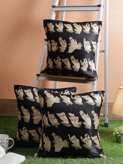 RANGDESI Black & Cream-Coloured Set of 3 Ethnic Motifs Square Cushion Covers