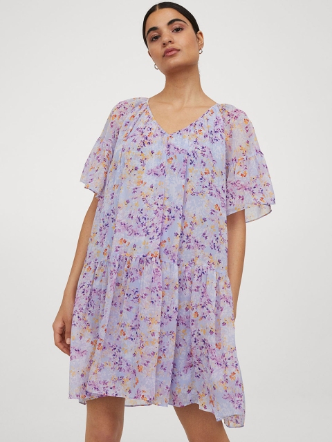 H&M Women Multicoloured Ditsy Floral Printed V-Neck Dress, Multi