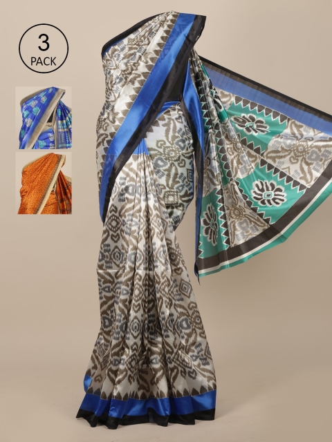 Pothys Pack Of 3 Off White & Orange Ethnic Motifs Jute Silk Saree