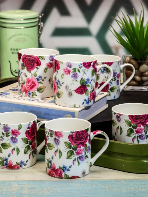 GOODHOMES Set of 6 White Printed Bone China Mugs
