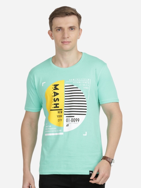 MASH UNLIMITED Men Sea Green Typography Printed Slim Fit T-shirt