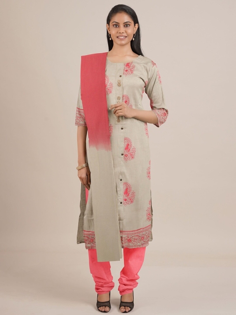 Pothys Cream & Pink Printed Unstitched Dress Material