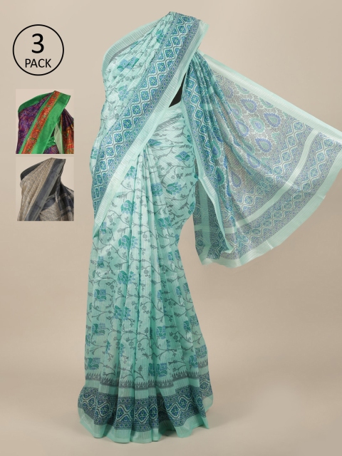 Pothys Blue Printed Pack of 3 Zari Jute Silk Saree