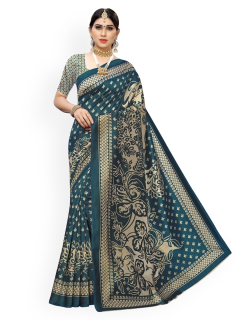 KALINI Blue Printed Embroidered Art Silk Saree