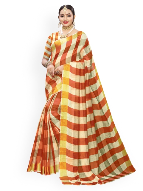 KALINI Beige & Red Checked Silk Blend Kanjeevaram Saree