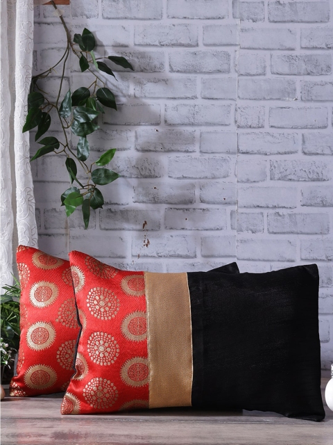 Rangdesi Black Brocade Floral Jaal 7 X 14 Cushion Cover with Inserts-Set of 2
