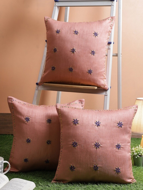 RANGDESI Peach-Coloured Set of 3 Hand Embroidered Silk Square Cushion Covers