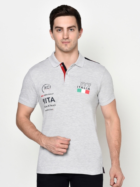 Octave Men Grey Melange Typography Printed Polo Collar T-shirt