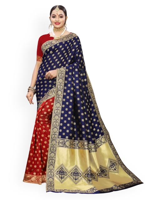 KALINI Navy Blue & Maroon Ethnic Motifs Zari Half and Half Banarasi Saree