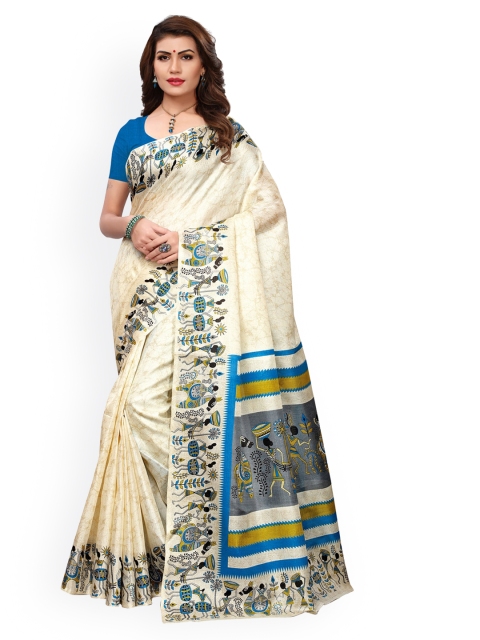 KALINI Off White Printed Embroidered Art Silk Khadi Saree