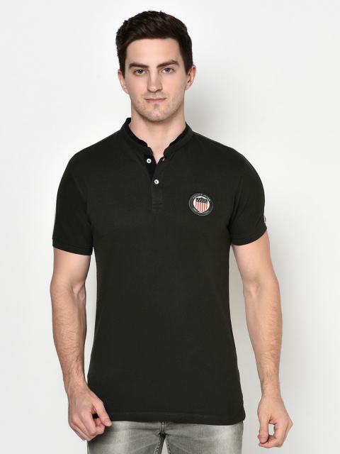 Octave Men Olive Mandarin Collar Applique T-shirt