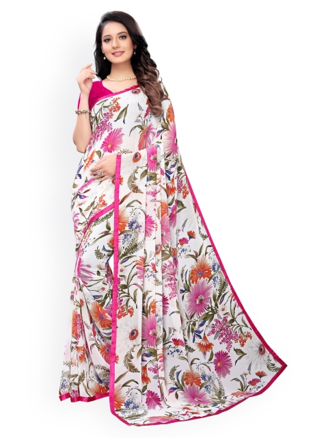 KALINI White & Green Floral Patchwork Pure Georgette Saree