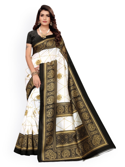 KALINI White & Black Ethnic Motifs Printed Poly Silk Saree