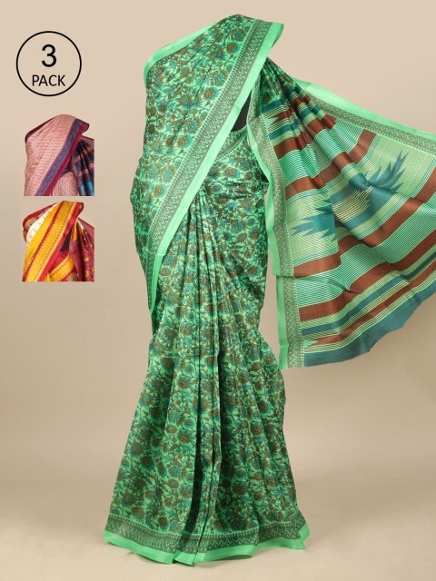 Pothys Pack of 3 Ethnic Motifs Jute Silk Saree, Green