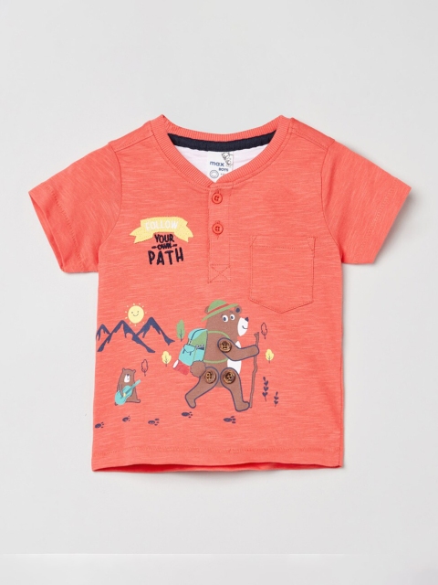 max Boys Orange Printed Henley Neck T-shirt with Pocket
