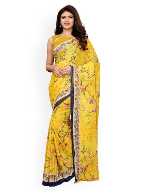 KALINI Yellow Floral Printed Pure Georgette Saree