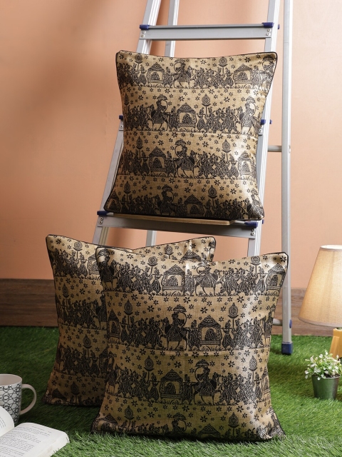 RANGDESI Beige & Black Set of 3 Ethnic Motifs Square Cushion Covers