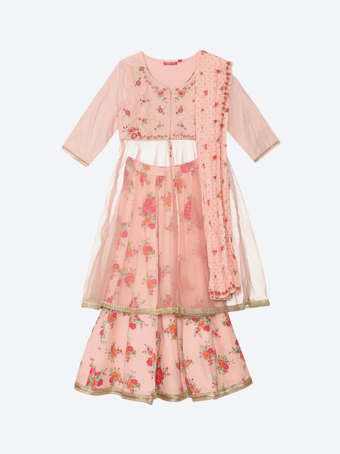 Biba Girls Pink Floral Printed Layered Kurta with Skirt & Dupatta