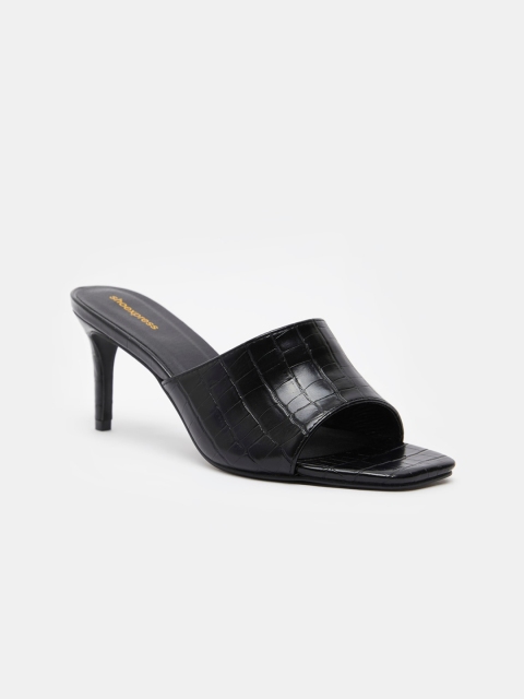shoexpress Black Textured PU Slim Heeled Mules