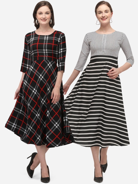 Florence Women Pack of 2 Checked Crepe A-Line Midi Dress, Multi