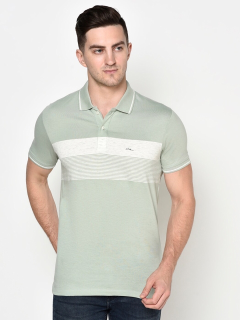 Octave Men Green & Off White Striped Polo Collar T-shirt