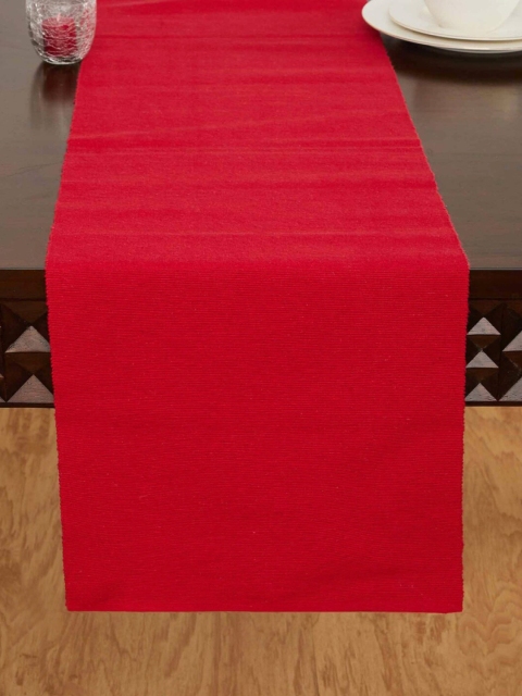 Home Centre Red Solid Pure Cotton Ribbed Table Runner