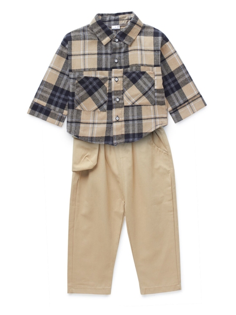 Like A Boss Boys Khaki & Black Checked Shirt with Trousers