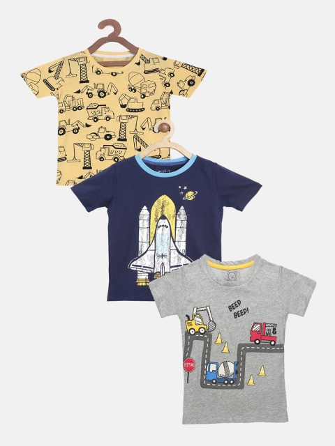 Lazy Shark Boys Pack Of 3 Printed Cotton T-shirt, Yellow