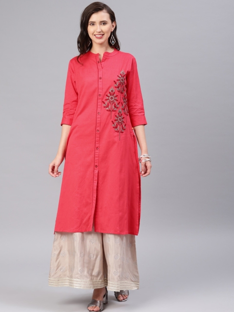 Alena Women Pink & Grey Floral Embroidered Thread Work Kurta