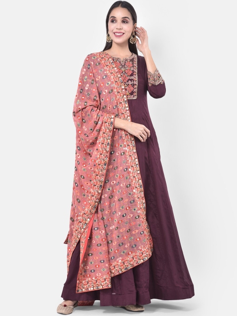 Neerus Women Burgundy Embroidered Kurta with Churidar & Dupatta