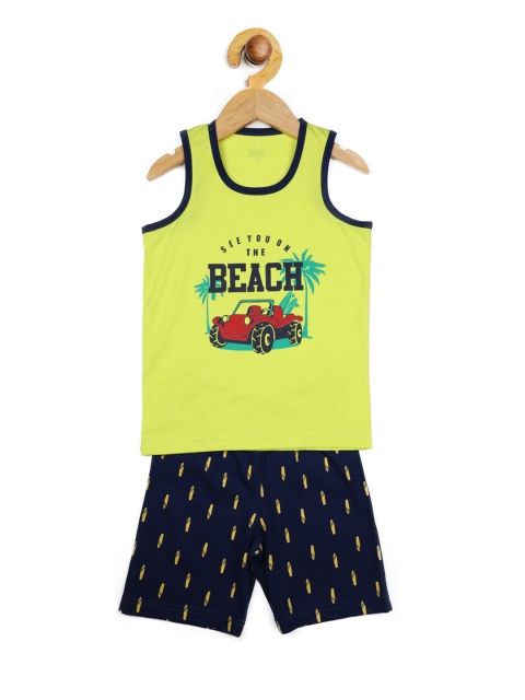 Stupid Cupid Boys Lime Green & Navy Blue Printed T-shirt with Shorts