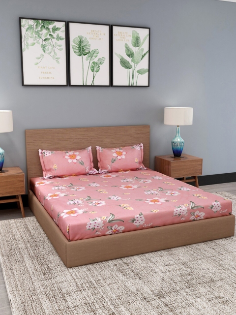 NEUDIS Peach-Coloured & Olive Green Floral 180 TC Polyester 1 King Bedsheet with 2 Pillow Covers
