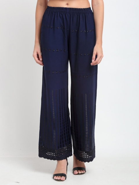 NEUDIS Women Navy Blue Embroidered Straight Palazzos