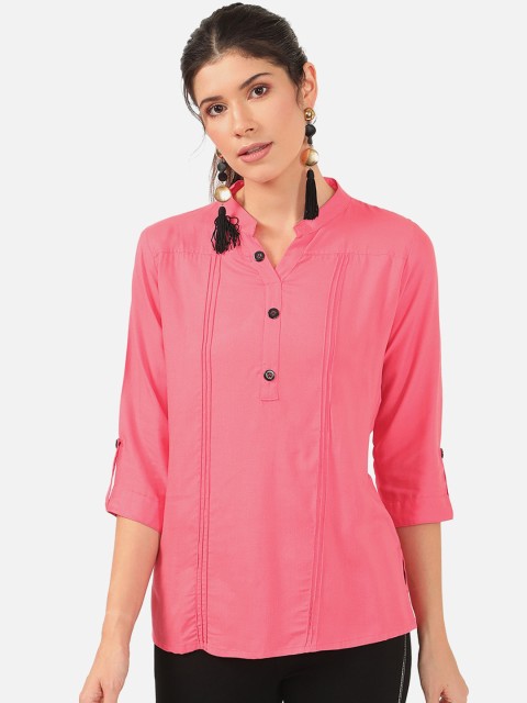 V2 Value & Variety Peach-Coloured Mandarin Collar Shirt Style Top
