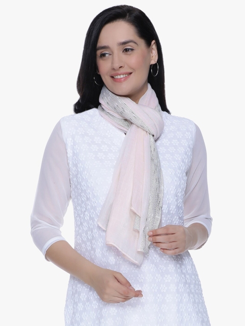 Scarves & Glitters Women Pink & Silver-Toned Striped Scarf