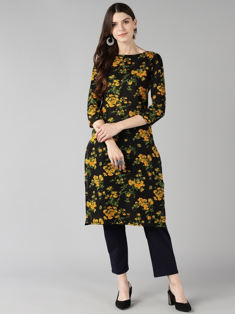 AHIKA Women Black & Yellow Floral Printed Floral Kurta